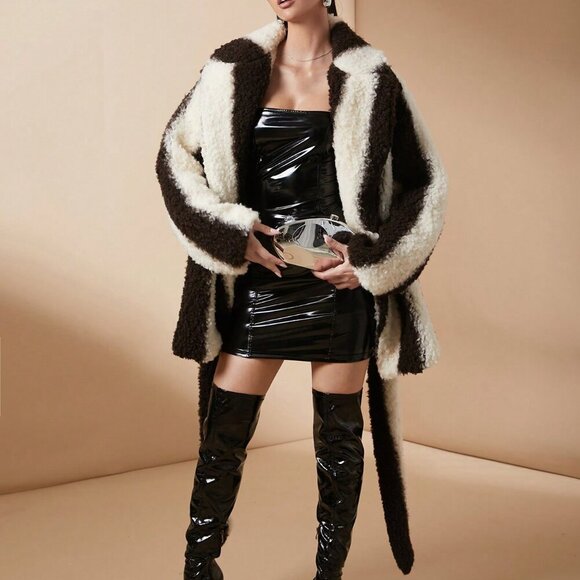 Jackets & Blazers - Black And White Casual Women's Colorblock Luxurious Long Sleeve Fluffy Coat